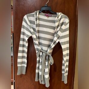 Epic Threads Striped Hooded Tie-Waist Cardigan - Gray & Cream